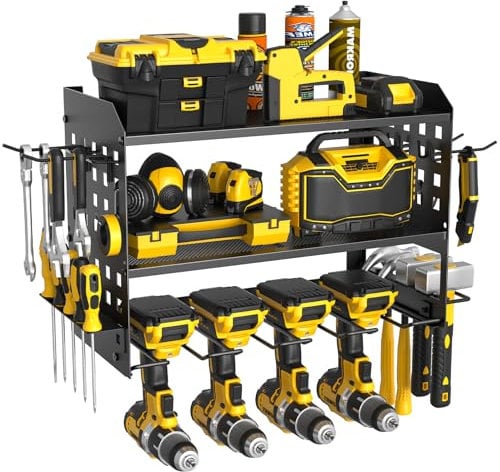 Yeabett 3 Ebenen Werkzeug Wandhalterung, Werkzeugspeicher Aufbewahrung für 4 Elektrowerkzeug, Werkzeug Wandhalterung für Garage, Werkstatt, 42.5 * 20 * 31cm (Schwarz)