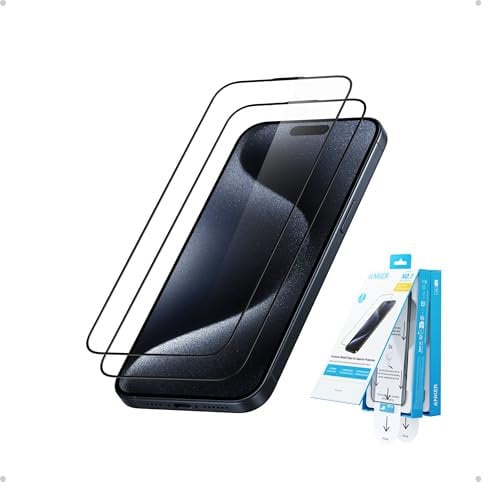 Anker Easy Fit HD Screen Protector, Ultra-Durable and Thin ShieldX Protection, Dust-and Fingerprint-Free with Extended Coverage, Fast and Easy Installation, 6.1-Inch for iPhone 15 Pro (2-Pack)