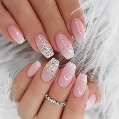 Pacchetto di 24 Unità di Unghie Artificiali Press on, Unghie Finta Rosa Glitterato French Quadrate, Unghiotti Acrilici Completi per Applicazione con Colla per Unghie, False Unghie per Donne e Ragazze