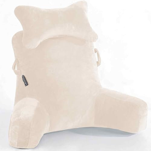 Lesekissen, Extra groß 78,7 cm,Bettruhekissen mit Abnehmbarer Nackenrolle und Armen zum Sitzen im Bett oder auf der Couch, Rückenlehne für Erwachsene, Lesekissen zum Lesen, Fernsehen,Beige