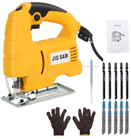 Scie Sauteuse Électrique 900W avec Cordon, Kit d'Outils Scie Sauteuse pour Coupe de Bois, Métal et Plastique, 10 Lames, Coupe Biseautée à 45 Degrés, 3000 RPM