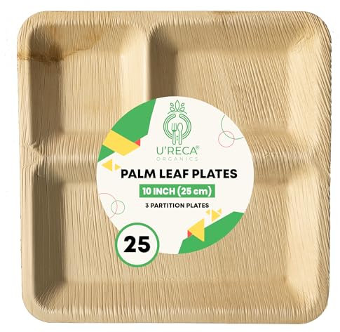 U'reca Organics Eco-Friendly Areca Palm Leaf Compartment Plates | 10 Square - 3 Compartments - Pack of 25 | Great for Portion Control, Meal Trays & Takeaways | Leakproof, Durable, Compostable