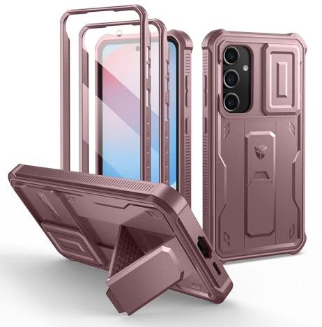 Dexnor Coque Compatible avec Samsung Galaxy S24 FE【Double Cadre Avant et Support】 avec CaméRa Coulissante Intégrée & Protecteur d'écran, Coque de Protection Robuste Résistante Aux Chocs-Poudre Pivoine