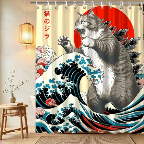 LKFBSC Rideau de Douche imperméable en Tissu avec Crochets Motif Chat Japonais Décoration de Salle de Bain 183 x 183 cm