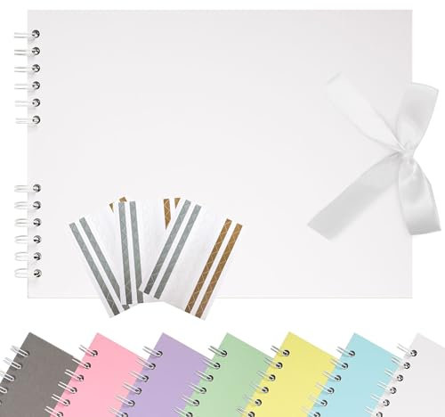 Remowith 21,5 x 15 cm Scrapbook-Album mit Band, Bastelpapier Fotoalbum für Hochzeit und Jubiläum, Familien DIY Fotoalbum mit Eckenaufklebern 40 Seiten Weiß