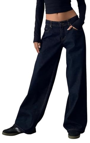 Onsoyours Jean Femme Taille Basse Coupe Droite Straight Jeans Y2K Baggy Jambes Larges Pantalon en Denim Automne Hiver Elastique Jeans B Marine XXL