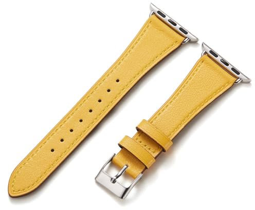 AoYi Cuir Bracelet Italien Véritable Femme Hommes Compatible avec Apple Watch 42mm 44mm 45mm 46mm 49m, Strap Luxe pour iWatch Séries 11 10 9 8 7 6 5 4 3 2 1 SE3 SE2 SE Ultra 3 2 1, Jaune
