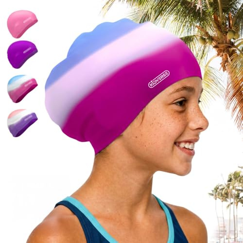 KIDVERSE Cuffia da nuoto per bambini per capelli lunghi, cuffia da nuoto per bambini con gommini antiscivolo, cuffia da nuoto per nuotatori con protezione UV, cuffia da bagno per capelli lunghi e