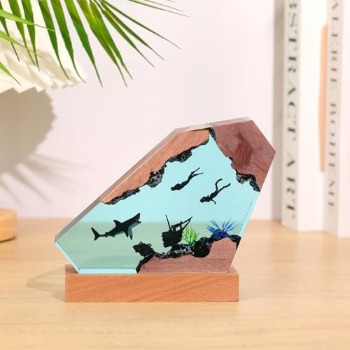Drawelry 3D Harz Ozean Tier Figuren Nachtlicht Ornamente mit Holz Sockel USB-Kabel Epoxidharz Marine Statue Dekoration Mehrfarbige LED Nacht Lampe für Wohnzimmer Schlafzimmer Kinderzimmer Deko (A3)