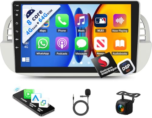 8 Core 4G+64G Android 15 Car Radio for FIAT 500 2007-2015, 9 Inch Touchscreen Stereo with Wireless Apple Carplay Android Auto Bluetooth GPS WiFi FM EQ+Backup Camera