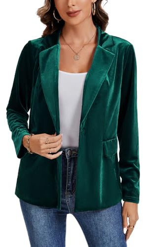 Kyzoeyou Damen-Blazer aus Samt, lässig, langärmelig, für Büro, Arbeit, gekerbter Kragen, Mäntel, Button-Down-Blazer mit Taschen, G-lake Green, L