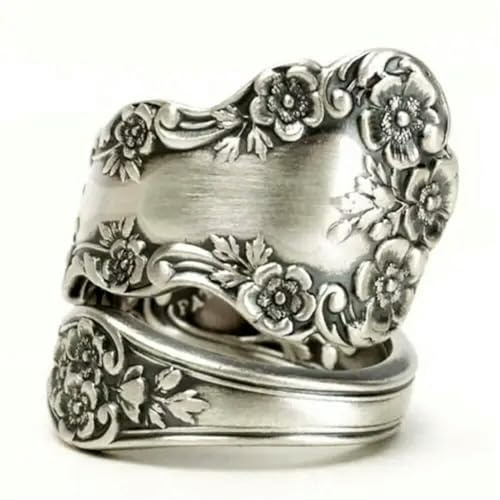 925 Silver Spoon Ring Women Flower Leaf Carved Ring Party Band Open Size-05#