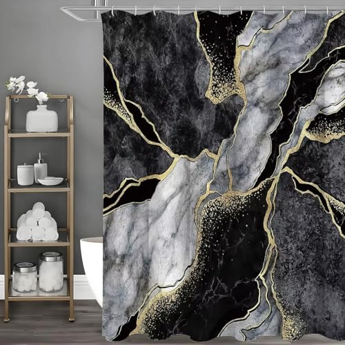 EIWAXU Rideau de Douche marbré Abstrait, Noir, Or, Gris 80x220cm/Largeur x Hauteur Rideau de Douche décoratif pour Salle de Bain, Rideau de Bain imperméable avec Crochets