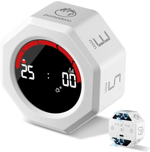 PUGTOW Minuteur Pomodoro Rechargeable USB C, Minuteur de Cuisine Numérique à Gravité, Octogonal Magnétique, 8 Modes Préréglés, 3 Niveaux de Volume pour Étude, Bureau et Cuisine