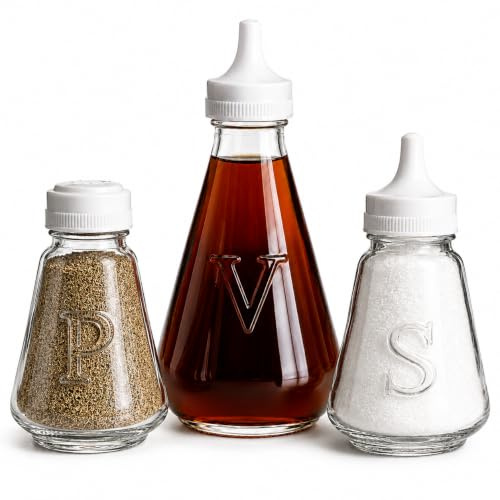 Glass Salt Pepper Vinegar Set with Lids – Clear Refillable Salt, Pepper & Vinegar Pots with Embossed S, P & V – Durable Seasoning Bottles for Kitchen