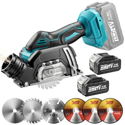 YEARTOP 3 Inch Cordless Mini Circular Saw Compatible with Makita 18V Battery, 19500RPM Cut Off Tool with Dust Extraction & 5 Blades, 5-20mm Adjustable Depth, 2X 4.0Ah Batteries for Metal/Wood/Tile