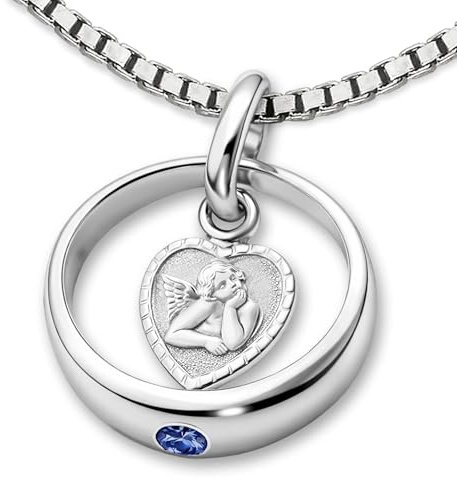 CLEVER SCHMUCK Taufkette Silber Taufring Stein safirblau mit Engel herzförmig Kette Venezia 36 cm Sterling 925 Taufgeschenk im Etui