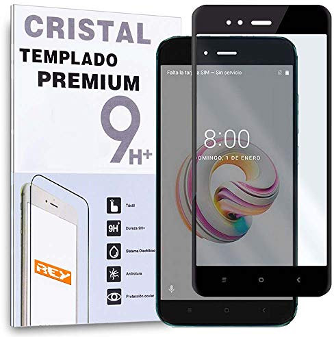 REY - Protector de Pantalla Curvo para XIAOMI MI A1 - MIA1 - MI5X - MI 5X, Negro, Cristal Vidrio Templado Premium, 3D / 4D / 5D
