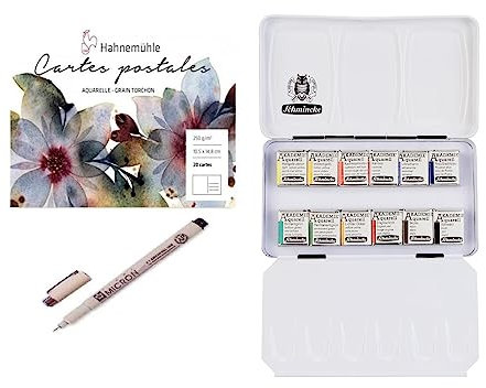Schmincke Watercolour Paint, Academy Watercolour Painting Box, Metal Box, 12 x 1/2 Pots + Hahnemühle Watercolour Postcard Pad 10.5 x 14.8 cm with Pigma Micron Sakura (Gift Set)