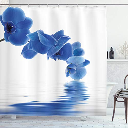 ABAKUHAUS Blau Duschvorhang, Orchideen-Braut, Stoffliches Gewebe Badezimmerdekorationsset mit Haken, 175 x 200 cm, Violett Blau Weiß