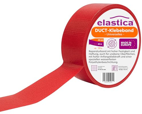 elastica Panzertape Rot 48mm x 50m - Duct Tape - Gewebeklebeband Reparatur und Versiegelung - Panzerband Extra Stark Wasserfest - Gewebeband für Innen & Außen - hohe Festigkeit (150µm/70N/25mm)