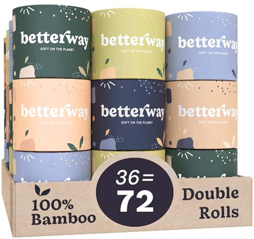 Bio-Bambus-Toilettenpapier, 2 x länger, 360 Blatt pro Rolle, extra stark, 3-lagig, plastikfrei, septisch, sicher, biologisch abbaubar, umweltfreundlich und super weich, FSC-zertifiziert, 36