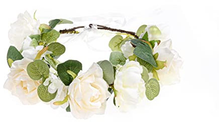 Funsveta Frauen Rose Blume Stirnband Blumenkrone Girlande Halo Hochzeit Festival Foto Requisiten - Weiß - Medium