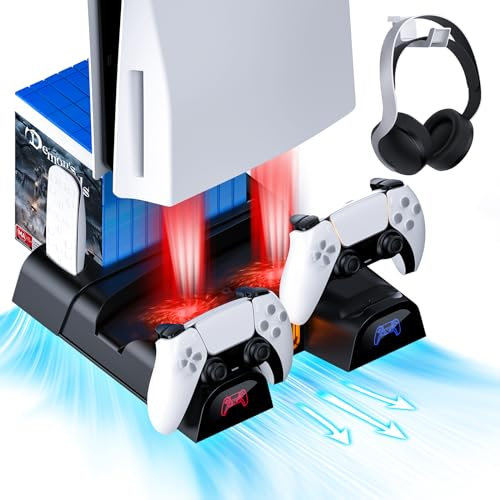 NexiGo PS5 Ständer mit Headset-Halter und Netzteil, für PS5 Disc & Digital Edition Dual Controller Ladestation, Vertikaler Standfuß mit Kühlung, 10 Game Rack Organizer, Schwarz