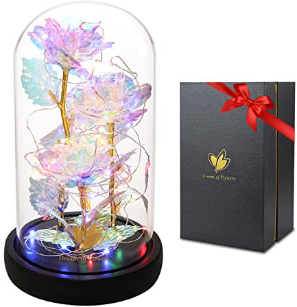 Regali festa della mamma rosa eterna sotto campana, la bella e la bestia rosa in vetro con luci LED pino, base per festa della mamma, decorazioni di compleanno, matrimonio, casa, festa della mamma