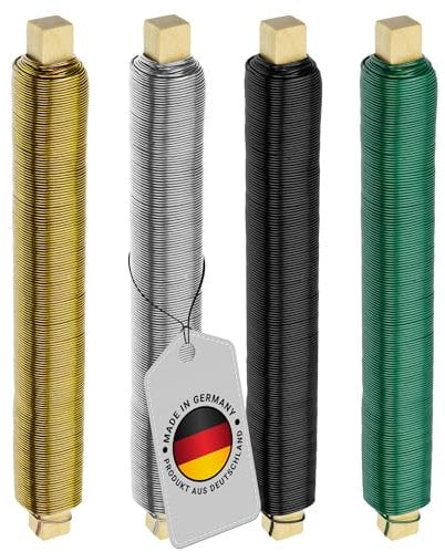ECENCE 4er Set Blumendraht verzinkt, 0,65mm Basteldraht, Wickeldraht lose auf Holzwickel zur Befestigung von Blumen und Pflanzen, Bindedraht 35m Farbe Gold, Silber, schwarz, grün