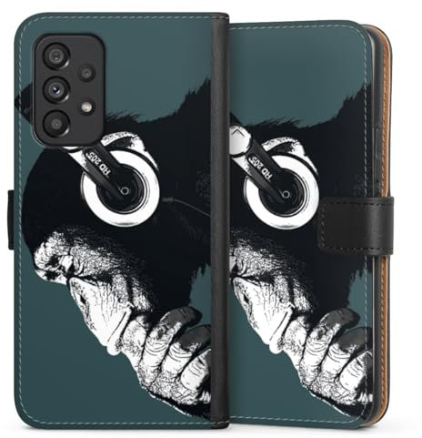 DeinDesign Klapphülle kompatibel mit Samsung Galaxy A53 5G Handyhülle aus Kunst Leder schwarz Flip Case AFFE Kopfhörer Musik