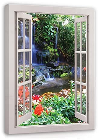 WallArena - Leinwand Bilder - Fensterbilck Fenster Natur Wald - 120x80 cm Leinwandbilder - Bild auf leinwand - Wandbild XXL groß Wandbilder für Wohnzimmer Schlafzimmer Wohnzimmerbilder Modern