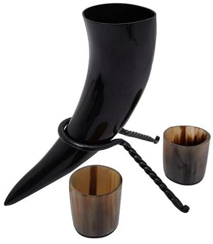 Mythrojan Taza de vino vikingo/hidromiel auténtica inspirada en la Edad Media, paquete de 500 ml con estante de cuerno forjado a mano trenzado y vikingo nórdico medieval, par de vasos de chupito