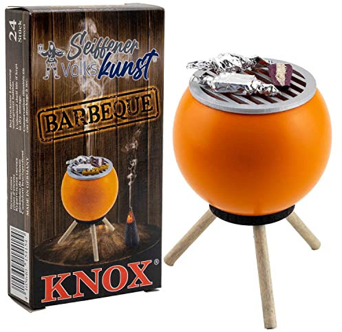 Seiffener Volkskunst | Räucherofen Grillofen | Räucherfigur 10 cm | Grill + Räucherkerzen BBQ | Räuchergrill mit Gemüse | orange + Knox