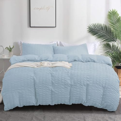 Boqingzhu Seersucker Bettwäsche Blau 155x220cm Sommer Atmungsaktiv Kühlende Wende Bettwäsche Set Bettbezug 155x220cm und 2 Kissenbezüge 80x80cm mit Reißverschluss