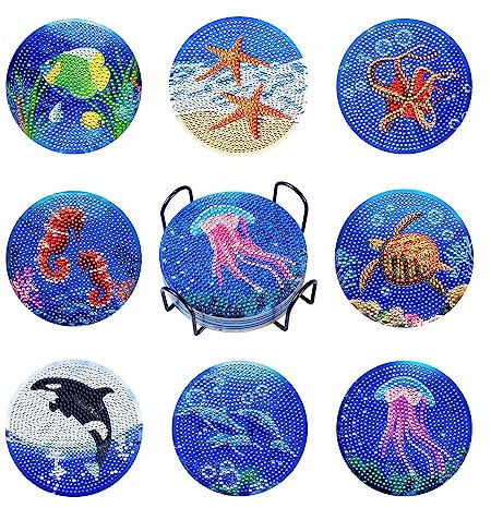 Beadthoven Lot de 8 sous-verres de peinture diamant avec support sur le thème de la tombée de la nuit et de l'océan avec outils pour décoration de bureau