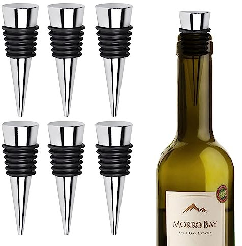 FBBULES 6 Pcs Bottle Stoppers, Reusable Wine Saver Sealer Corks for Wine Champagne Prosecco Beer Collection, Silver Flat