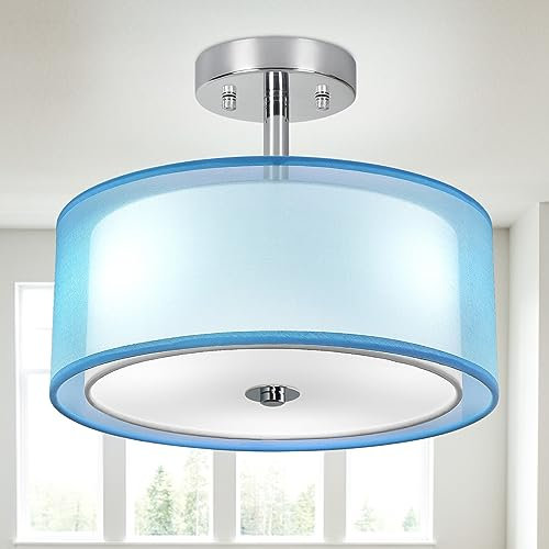 Depuley LED Deckenleuchte Modern, 13 Blau Deckenlampe Rund mit Zwei Schichten Stoffschirm mit 3 E27 Basis für Wohnzimmer Küche Schlafzimmer Flur Esszimmer