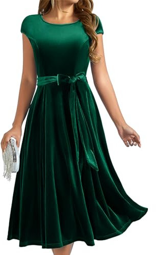 DRESSTELLS Weihnachtskleid Damen Elegant Samtkleid Grün Winter Cocktailkleid Formal Kleid Midilang Abendkleid Velvet DarkGreen 2XL