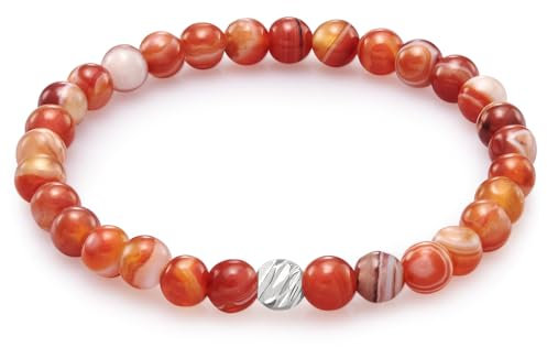 day.berlin Damen Perlenarmband Neo, echtes Orange Achat Naturstein Armband mit 6mm Edelsteinen, flexibles Zugband 17cm lang, handgeknüpft mit Strass Perle