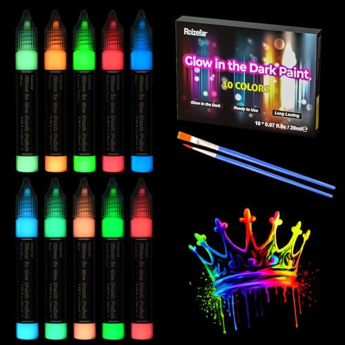 Roizefar Couleurs phosphorescentes, 10 x 20 ml, peinture textile imperméable 3D, Glow in the Dark Colours, couleurs fluorescentes, peintures sur tissu DIY, bâton de colle pour peinture pour enfants