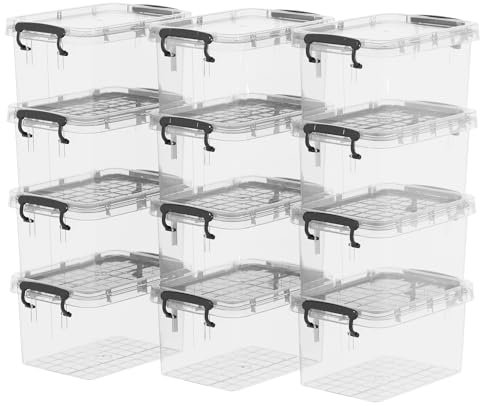 Cetomo Plastic Storage Boxes, Small Storage Box with Lids, No-Frills, Stackable, Clear, 3L- 12 Pack