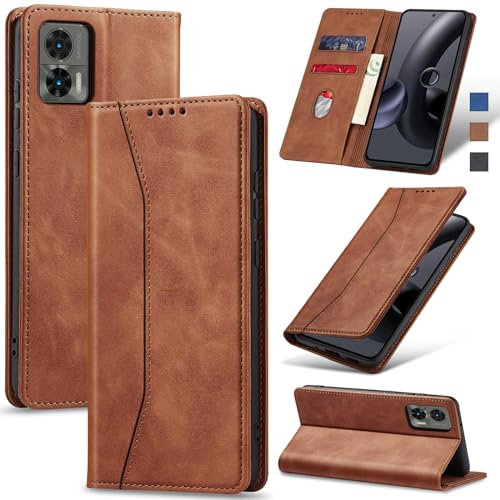 Jasonyu Handyhülle für Motorola Edge 30 Neo Hülle Leder Flip Klappbare Stoßfeste Magnetische PU Leder Standfunktion Kartenfächern Schutzhülle Klapphülle für Moto Edge 30 Neo,Braun