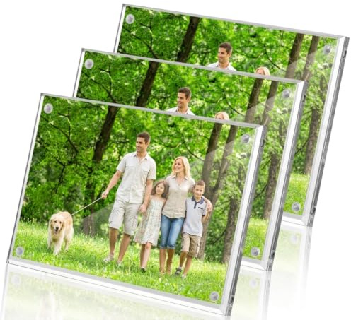 Mezchi 3 Pack 6x4in Acrylic Picture Frame, 15x10cm Magnetic Frame, Frameless Clear Photo Frame, Freestanding Double Sided Picture Frame for Photos, Postcard, Desktop Display, Home, Office