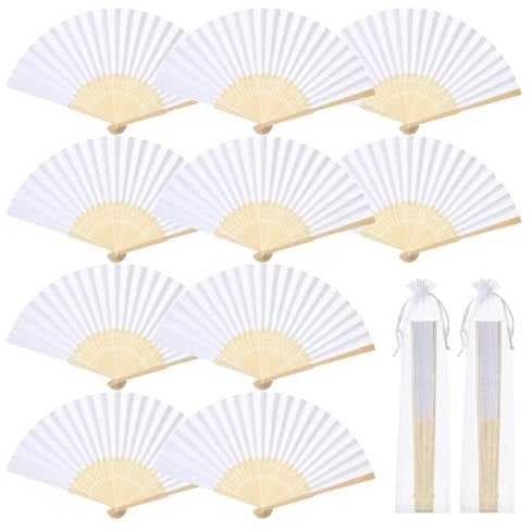 GWHOLE 12Pcs Paper Fan Handheld White Wedding Fans Paper Folding Fan with Organza Bags Oriental Handmade For DIY Wall Decoration Wedding Gift Party Favor Dancing Show Props