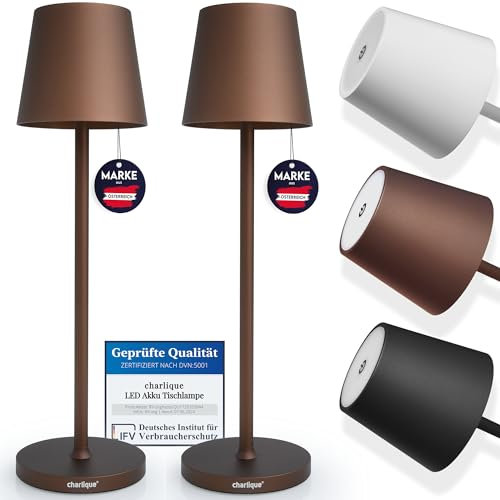 charlique® LED Tischlampe kabellos (Doppelpack) - Dinner Light braun 38 cm - Akku Tischleuchte mit USB, aufladbar, warmes Licht, indoor & outdoor geeignet