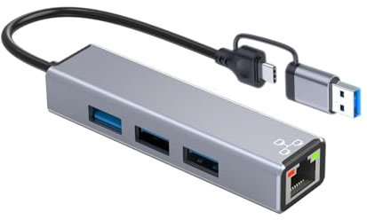 JZK Concentrador USB 3.0 de aluminio con RJ45 100 Mbps Ethernet LAN, adaptador de red LAN de 3 puertos USB con USB A y USB C para Mac Chromebook Ultrabook