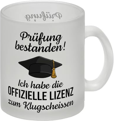 Doktorhut Prüfung bestanden Glas Tasse mit Spruch Lizenz zum Klugscheißen Klugscheißer Schlaumeier Tasse Perfekt für Abitur Abschluss Schule Essen am Esstisch