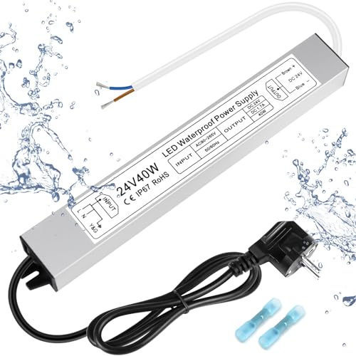 inShareplus Trasformatore a LED, 24 V, 1,7 A, 40 W, IP67, impermeabile, AC 90 – 265 V a DC 24 V, trasformatore a bassa tensione, alimentatore da 24 V per luce LED, progetto computer, uso esterno