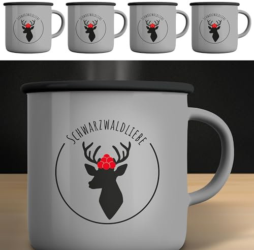Cepewa Kaffeebecher | 13x9x9cm Emaille Eisen Metall weiß 450 ml | Henkelbecher mit Motive (1 x 4er Set Kaffeebecher Schwarzwaldliebe)